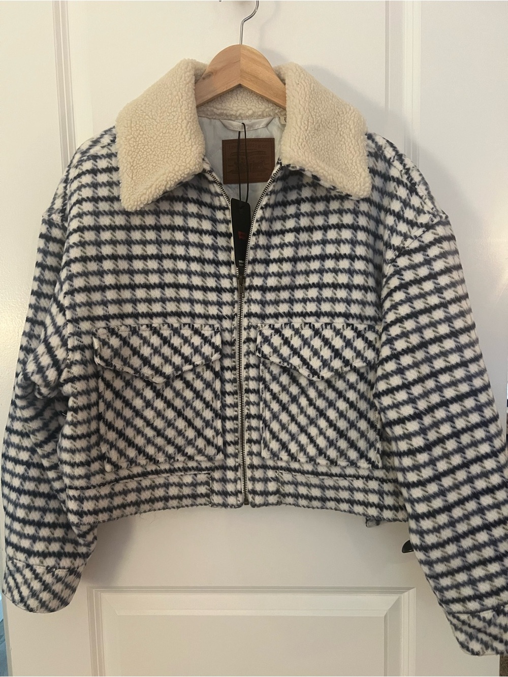 Levi's Cropped Check Teddy Jacket - Cream & Navy Blue